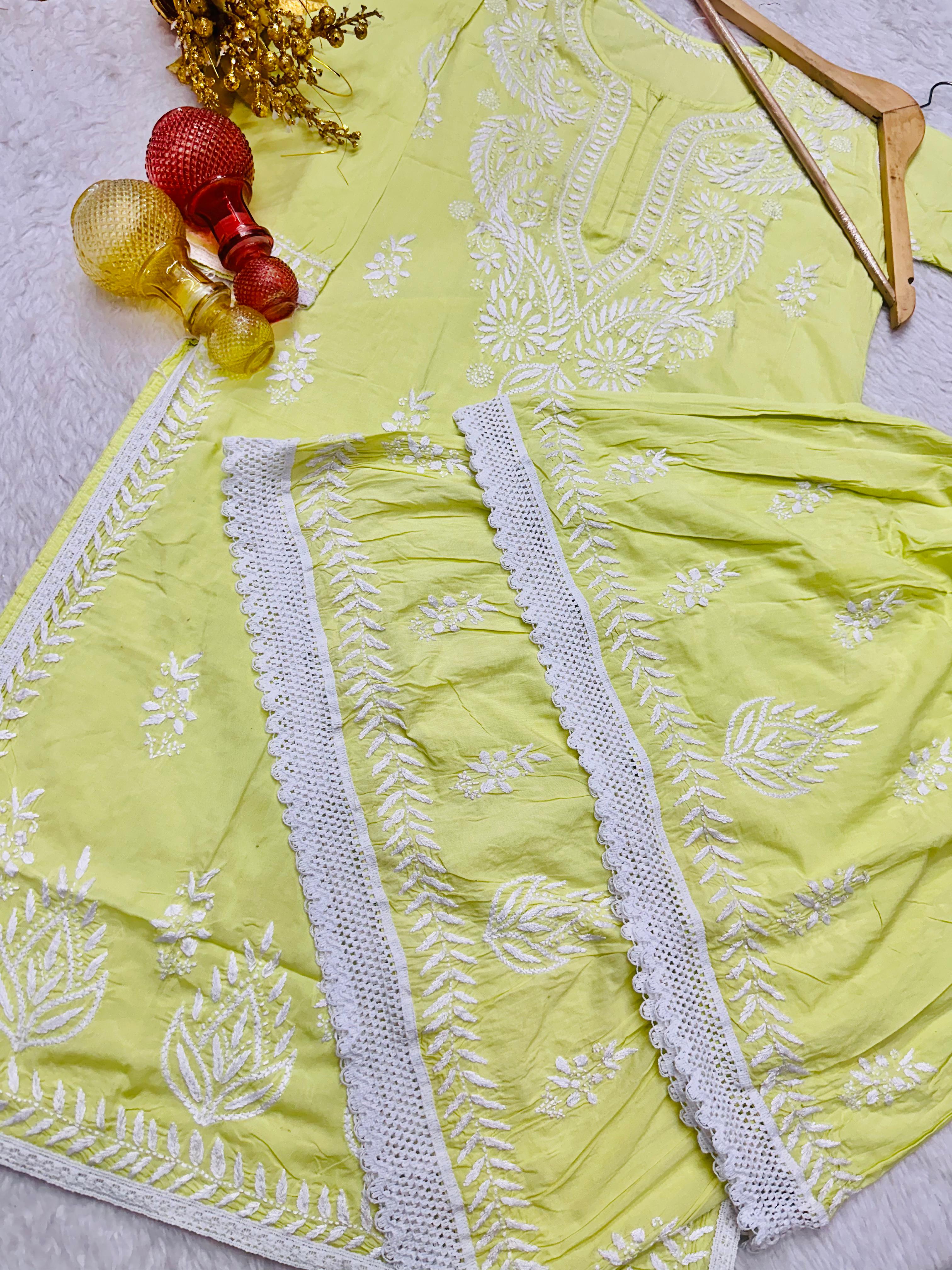 Lemon Green 🔥 Lucknawi Chikankari Handwork Pure Modal Kurti with Ghara