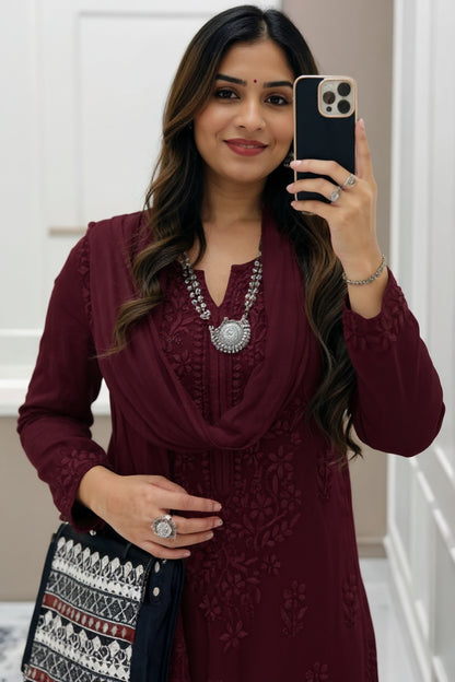 Maroon Ethereal Dyeable Modal Chikankari Kurta Set (New)