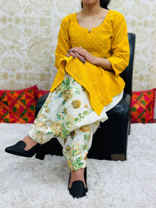 Mustard Yellow Chikan Kurti with Digital Patiala Salwar Set