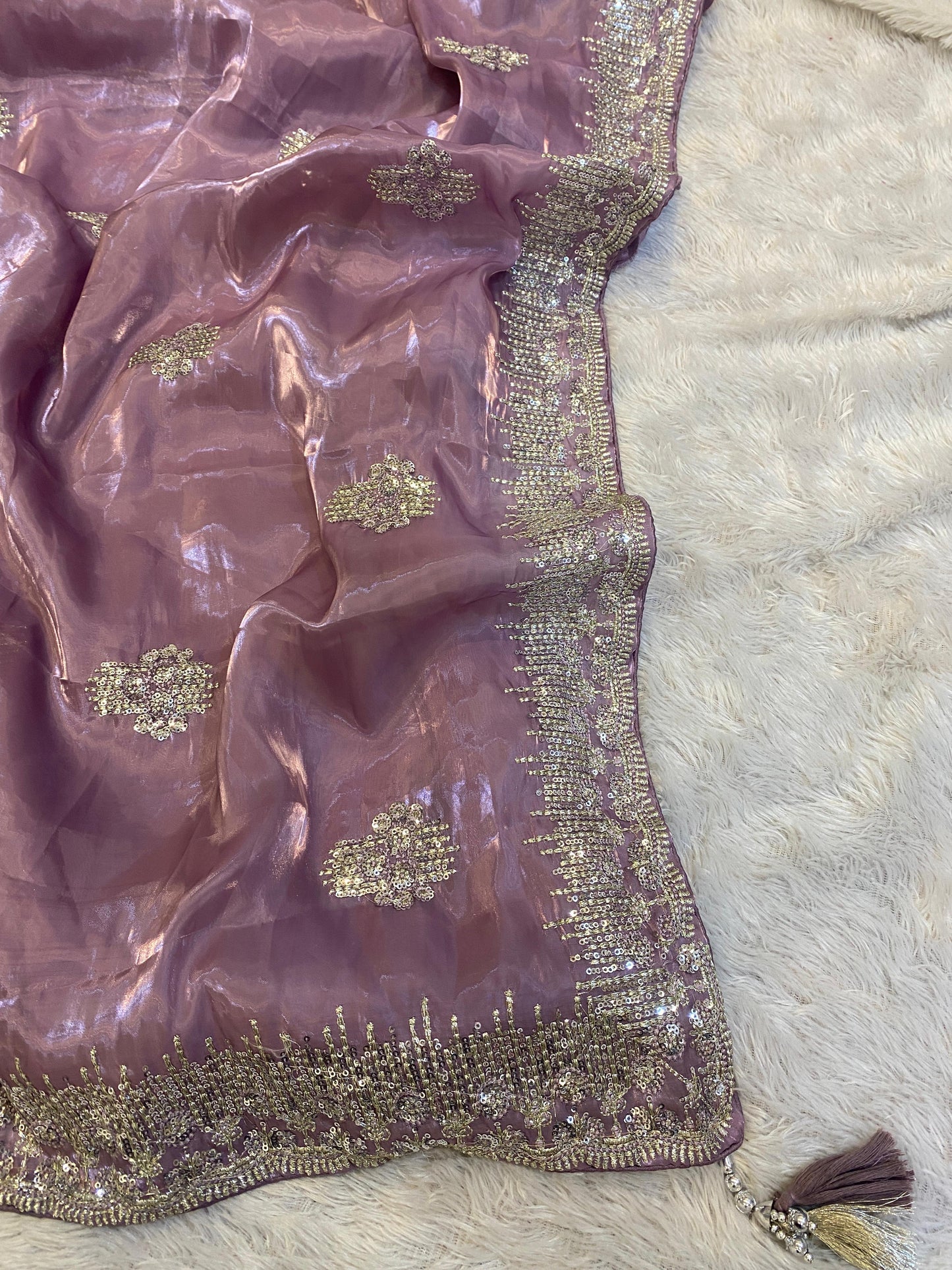 Lavender Shining Pure Crystal Silk Jimmy Choo Saree with Sequins & Zari