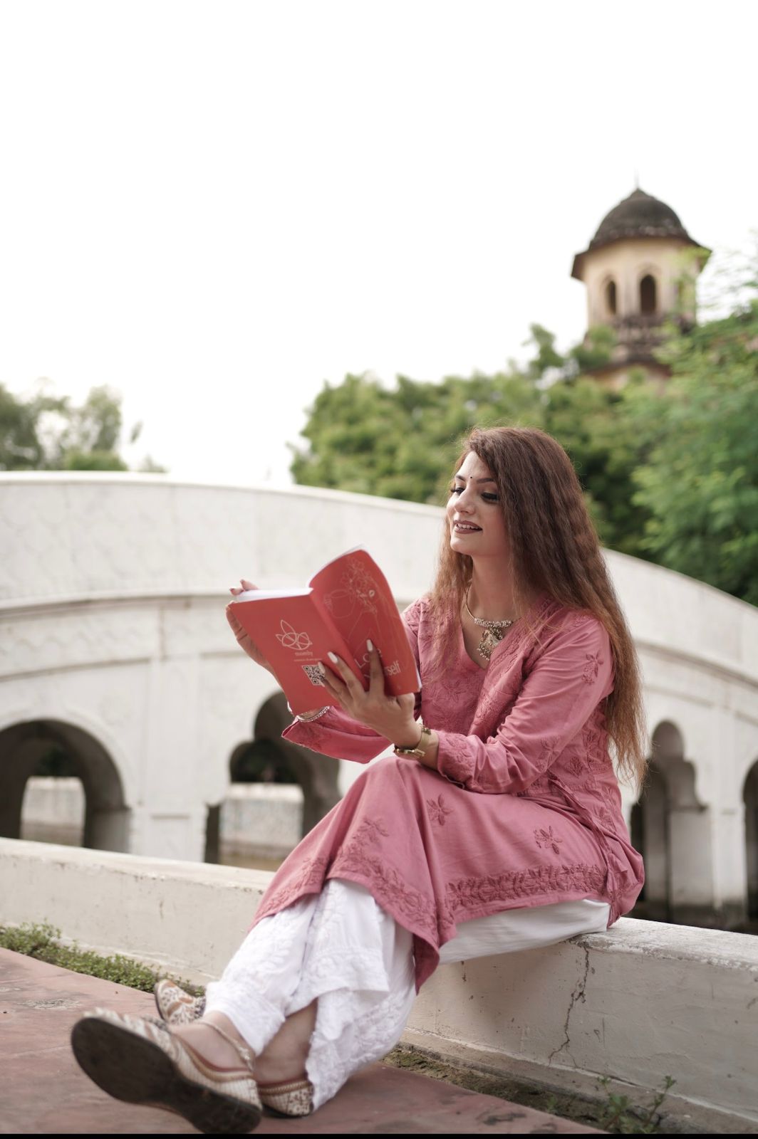 Dusty Pink Angarkha Style Malmal Kurti with Lucknow Chikankari & Modal Plazo Set