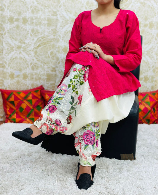 Pink Chikan Kurti with Digital Patiala Salwar Set