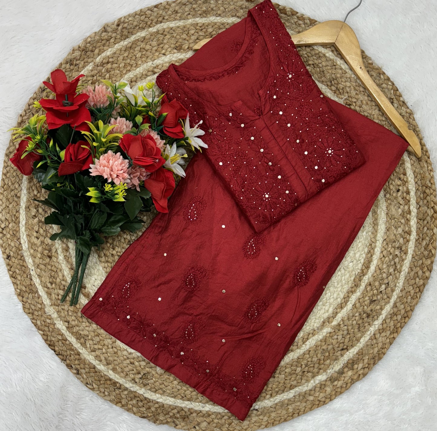 Maroon Lucknowi Chikankari Ghass Patti Work Chanderi Kurti & Palazzo Set with Mukesh and Moti Work