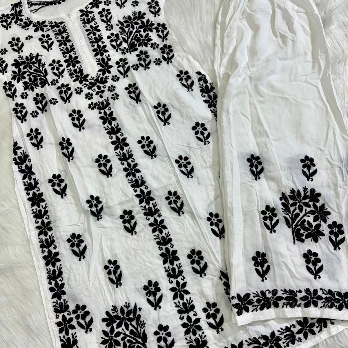 Black and White Lucknow Chikankari Handmade Long Kurti Palazzo Set