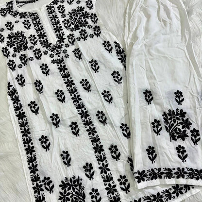 Black and White Lucknow Chikankari Handmade Long Kurti Palazzo Set