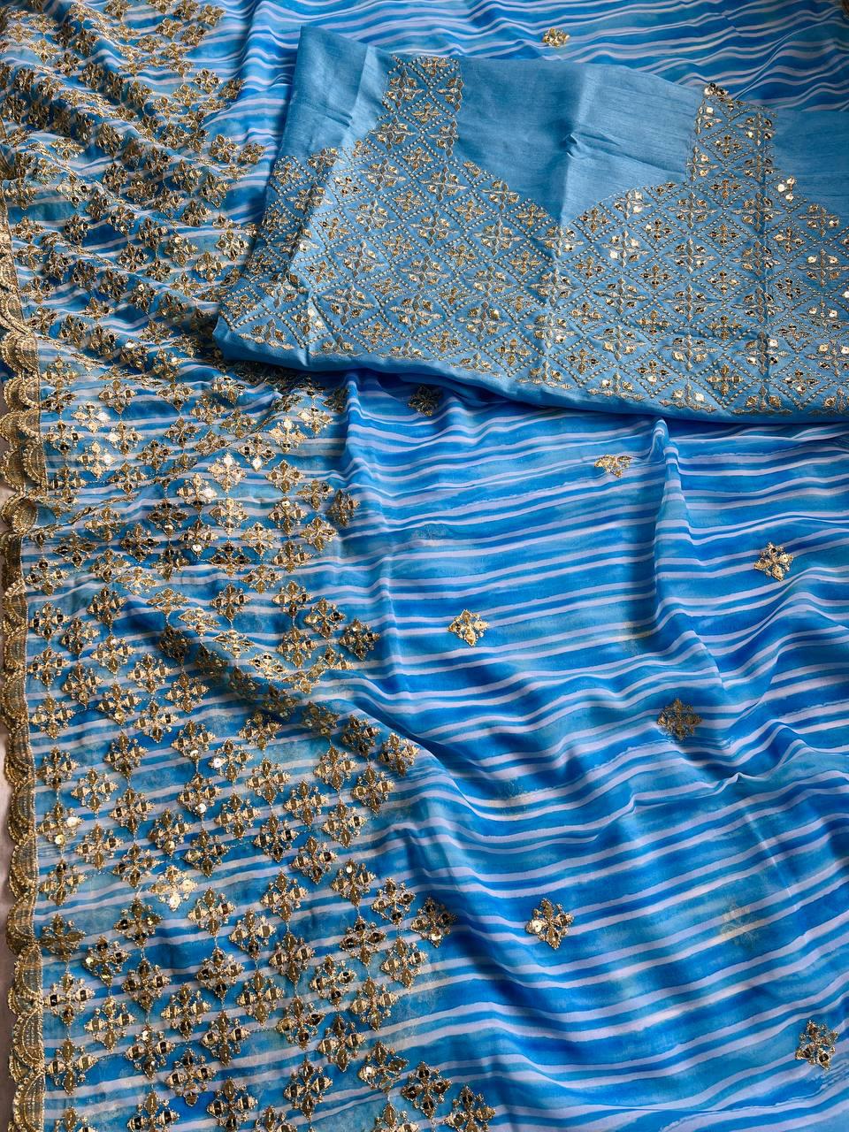 Elegant Blue Soft Georgette Saree with Digital Print and Heavy Sequins Embroidery