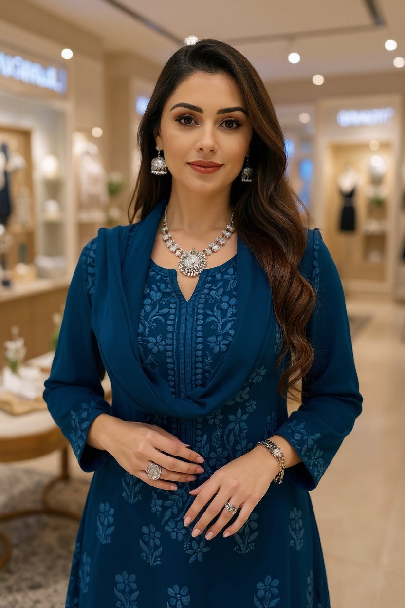 Ocean Blue Ethereal Dyeable Modal Chikankari Kurta Set (Best Seller)
