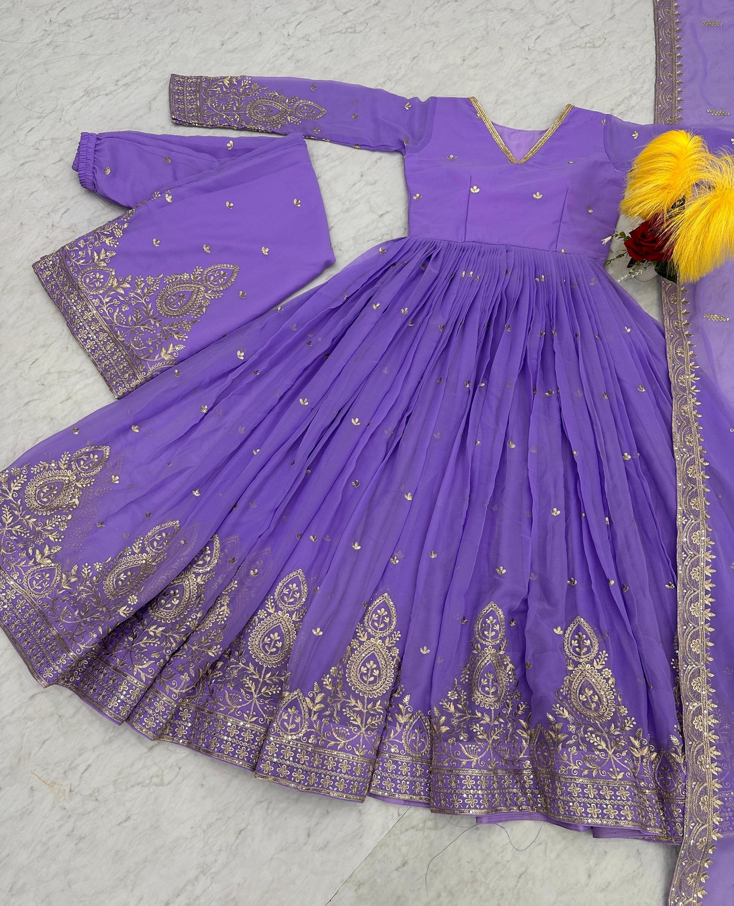 Lavendar Embroidered Georgette Gown with Palazzo and Dupatta Set