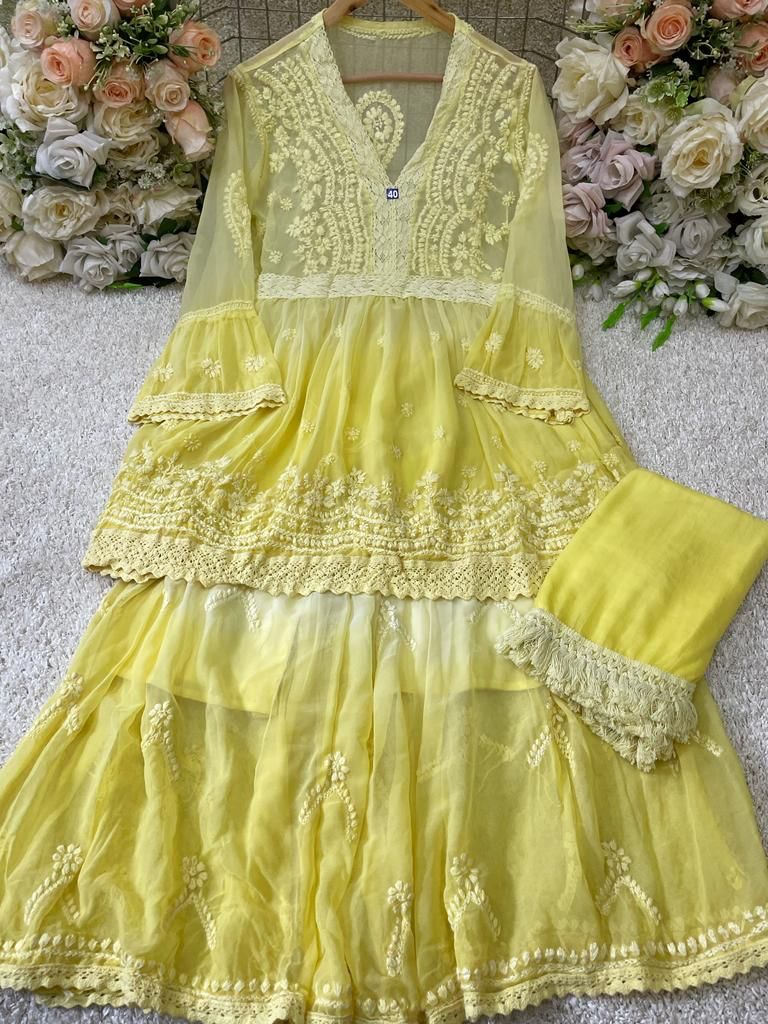 Yellow Color Vivid V Lace Chikankari Garara 3-Piece Set