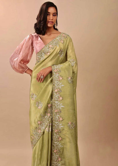 Green Luxuria Diamond Chinon Silk Saree Set