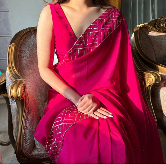 Pink Petal Dreams: Soft Organza Saree with Hand-Touched Sequins