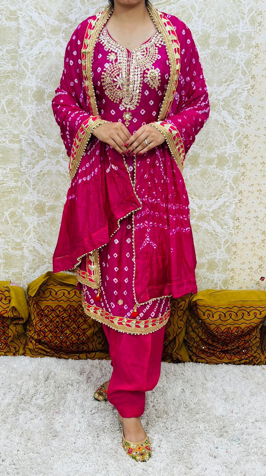 Pink Silk Bandhani Salwar Kameez with Dupatta