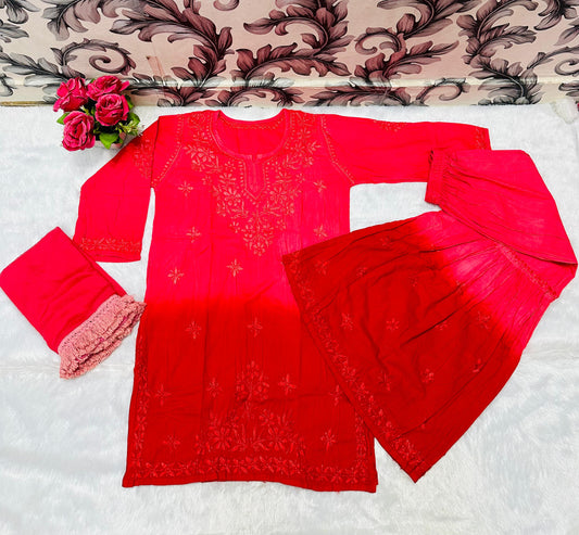 Red Beautiful Lucknow Chikankari Work Ombre Dye Short Kurti, Gharara & Dupatta Sets