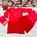 Red Beautiful Lucknow Chikankari Work Ombre Dye Short Kurti, Gharara & Dupatta Sets