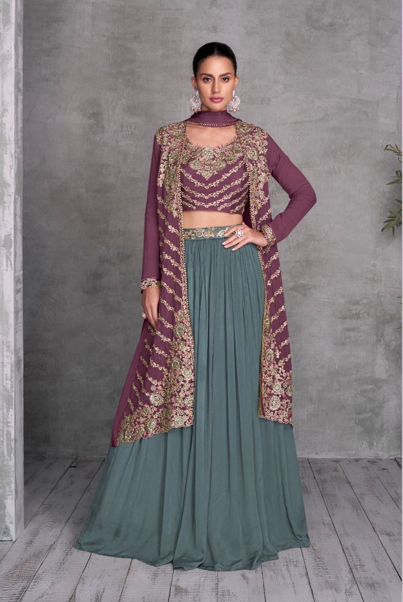 Purple Opulence Premium Indo-Western Long Jacket Top & Lehenga Set