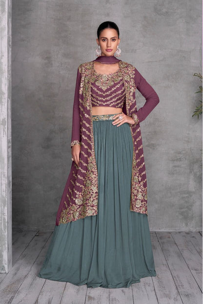 Purple Opulence Premium Indo-Western Long Jacket Top & Lehenga Set