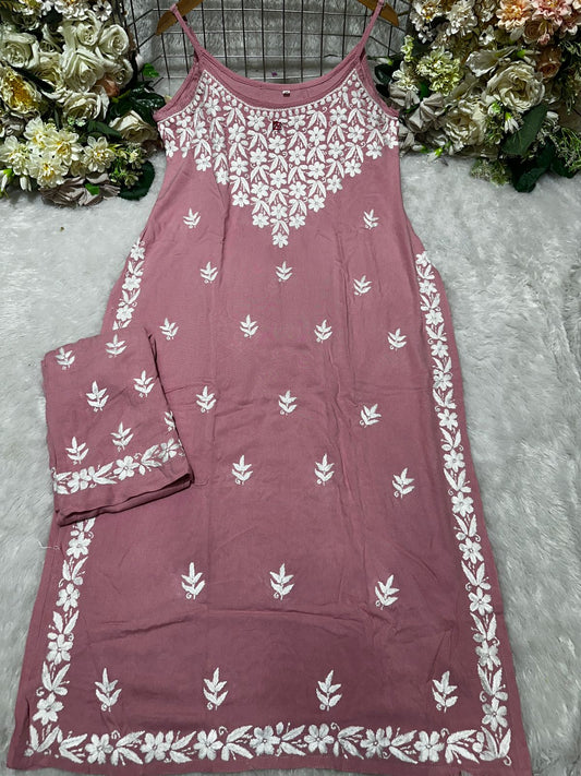 Dusty Pink Lucknow Chikankari Strappy Kurti and Pant Co-ord Set (Limited Stock)