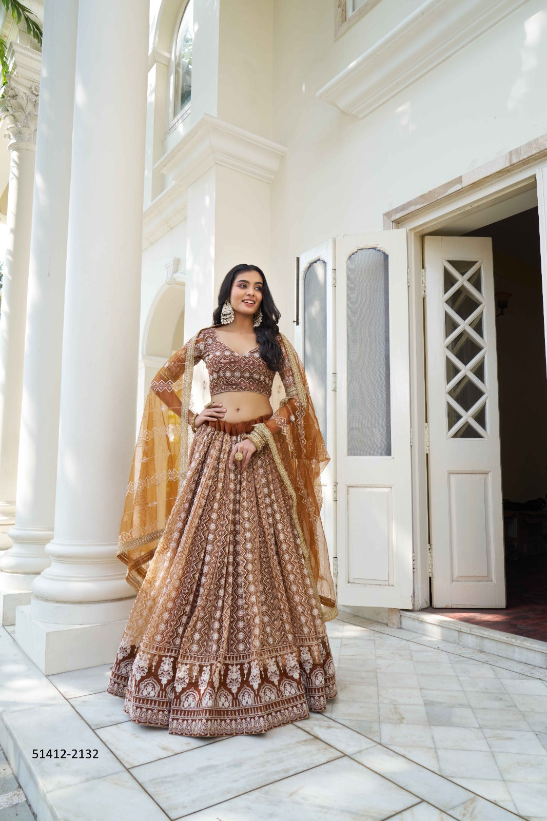 Light Brown A-Line Net Party Wear Lehenga Choli with Resham and Sequins Work