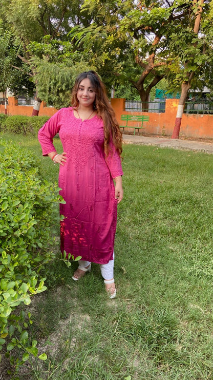 Pink Rayon Fancy Gala Booti - Lucknowi Chikankari Kurta and Pant