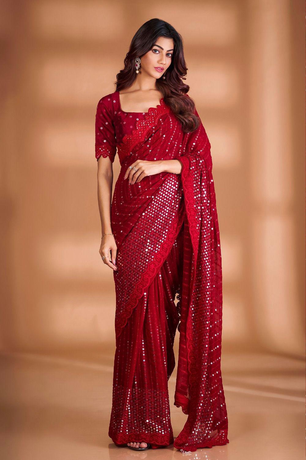 Red Exclusive Celebrity Style Designer Sequins Saree Blouse Set