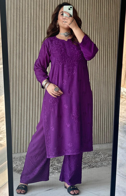 Dark Purple Lucknow Chikankari Rayon Kurta Palazzo Co-ord Set with Tone-to-Tone Hand Embroidery