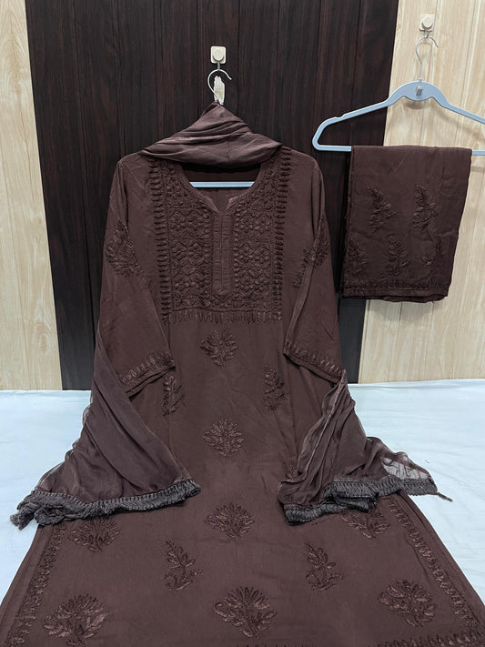 Dark Brown Elegant Lucknow Chikankari Handcrafted 3-Piece Rayon Kurti, Pallazo, and Dupatta Set