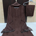 Dark Brown Elegant Lucknow Chikankari Handcrafted 3-Piece Rayon Kurti, Pallazo, and Dupatta Set