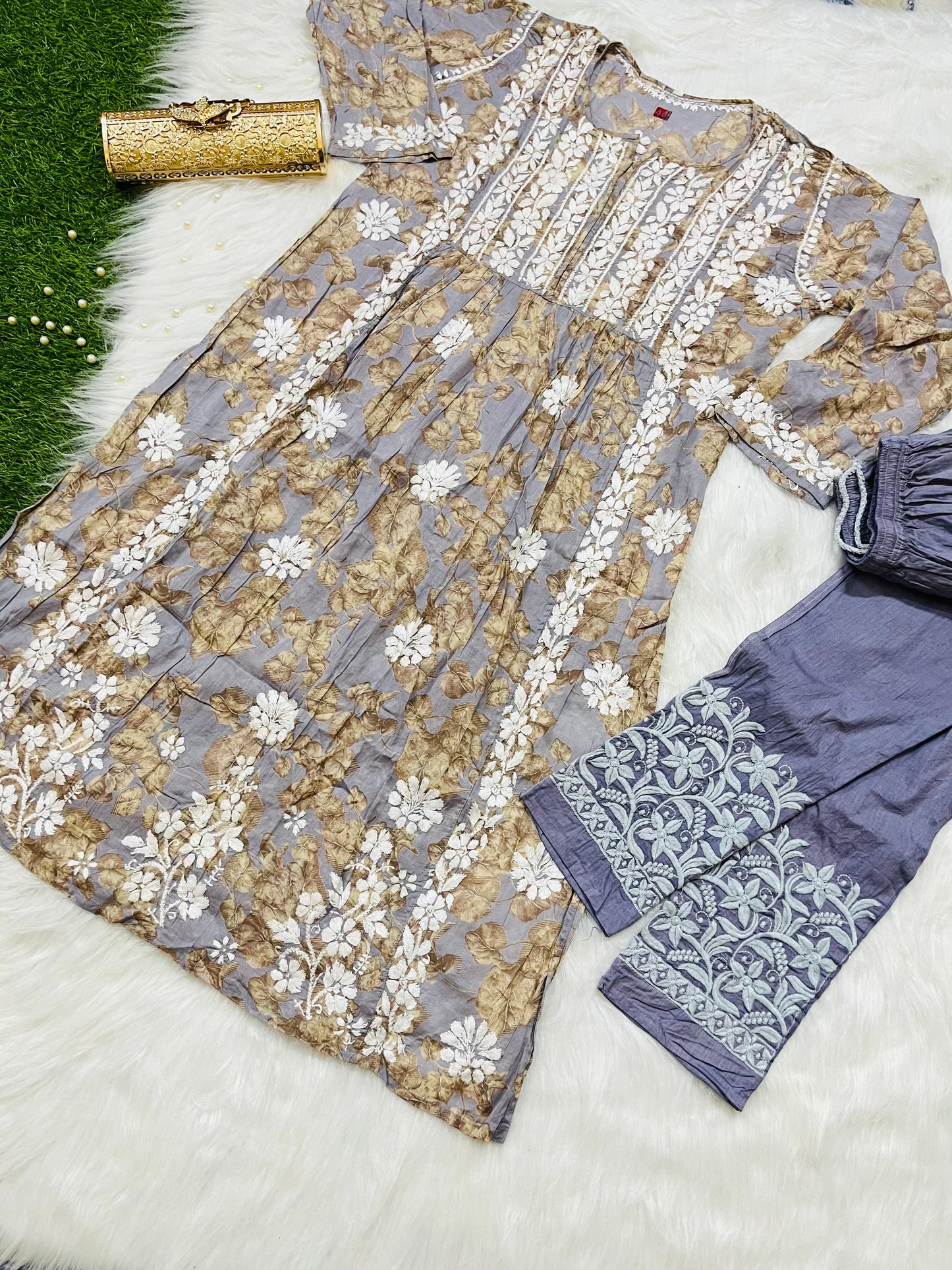 Lavendar Naira Cut Chikankari Kurta and Pant Set