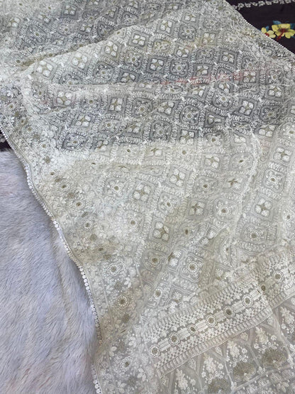 Off-White Silk Organza Saree with Lucknowi & Silver Zari Embroidery