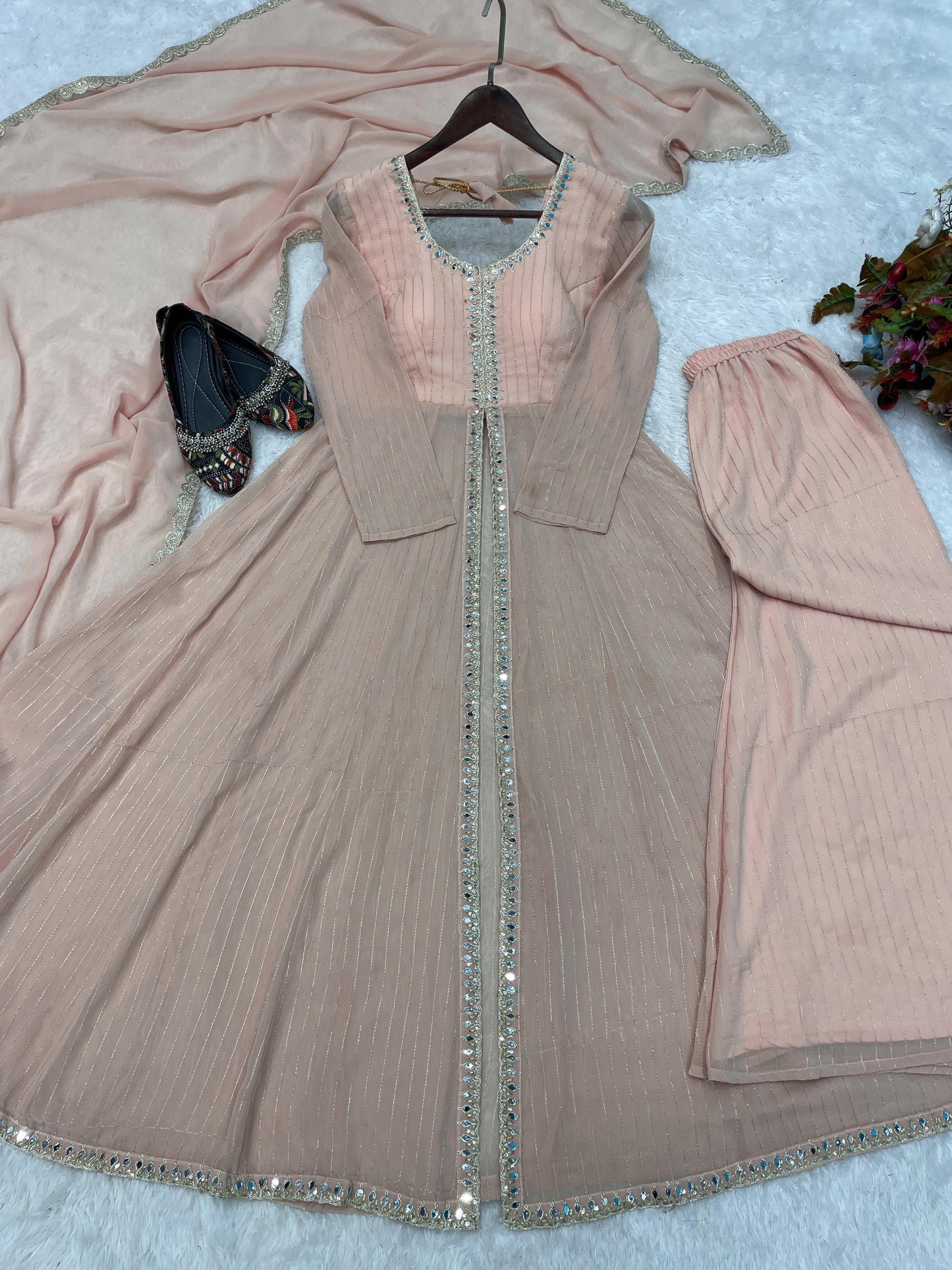 Elegant Peach Faux Georgette Dress with Mirror and Cording Embroidery