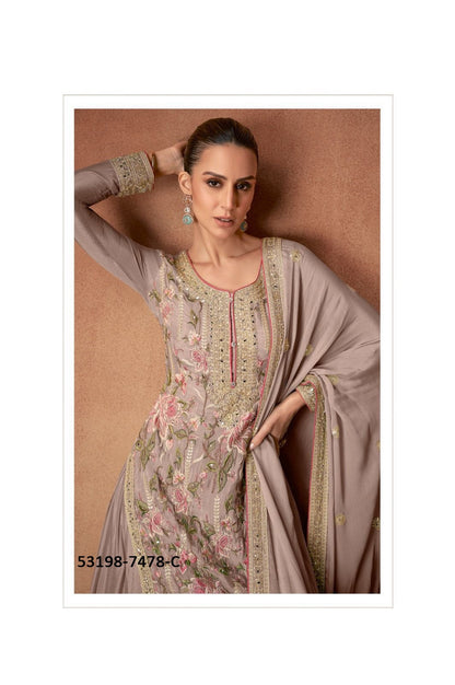 Mauve Elegant Chinon Party Wear Long Kurti Palazzo Suit with Dupatta