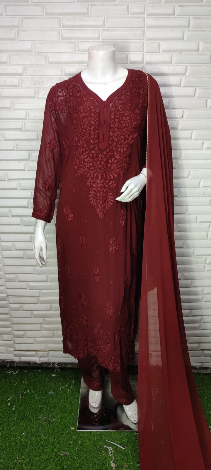 Maroon Festive Collection: Lucknow Chikankari Pure Viscose 3D Kurti & 3-Piece Set