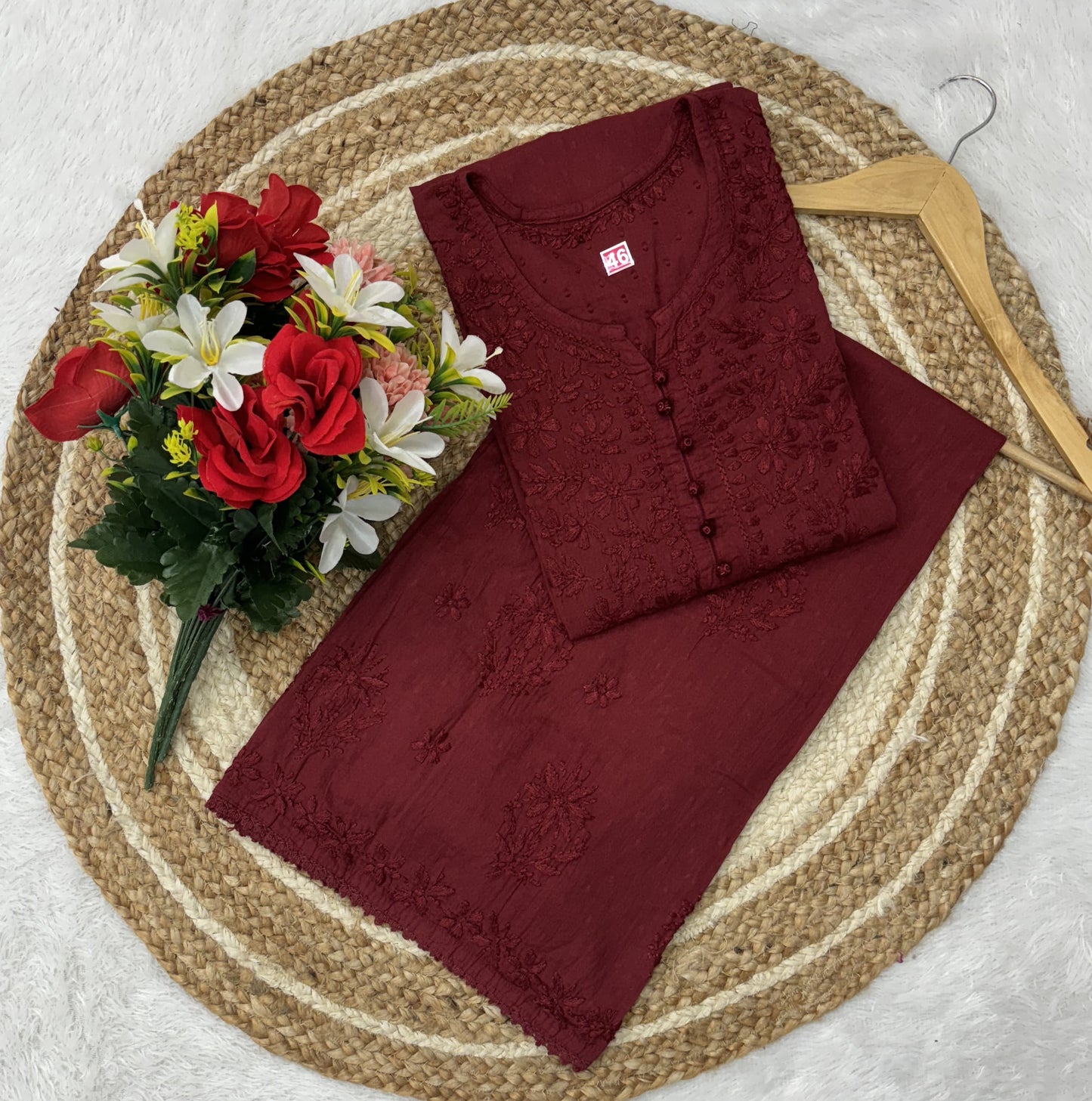 Maroon Lucknowi Chikankari Ghas Patti Handwork Dobby Cotton Kurti Palazzo Set with Lace and Kureshiya Buttons