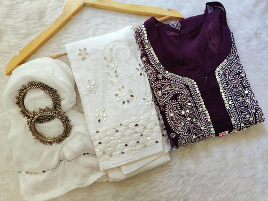 Dark Purple Georgette Mirror Gala Booti Chikankari Set with Beautiful Handwork Embroidery