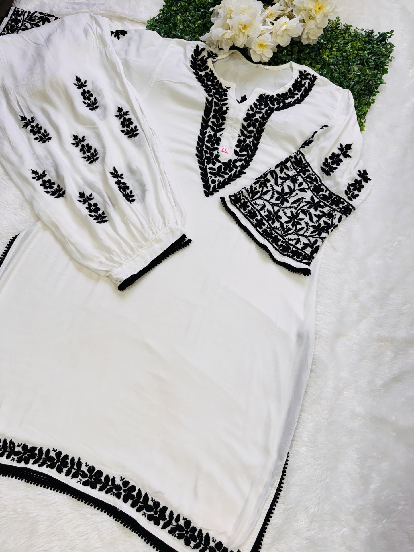 White and Black Beautiful Modal Bangle Sleeve Lucknow Chikankari Dhoti Set