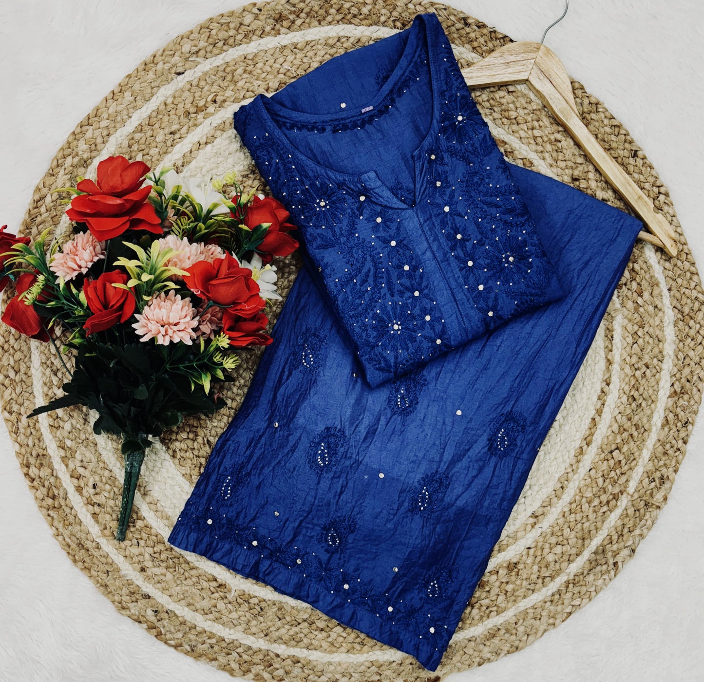 Royal Blue Lucknowi Chikankari Ghass Patti Work Chanderi Kurti & Palazzo Set with Mukesh and Moti Work