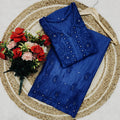 Royal Blue Lucknowi Chikankari Ghass Patti Work Chanderi Kurti & Palazzo Set with Mukesh and Moti Work