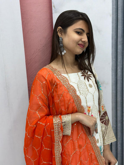 Ethereal White Georgette Sharara Set with Vibrant Orange Dupatta