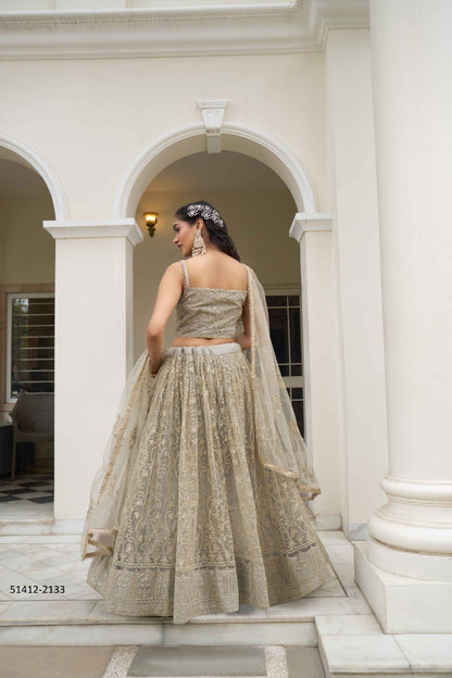 Ivory A-Line Net Bridesmaid Lehenga Choli with Resham and Sequins Work