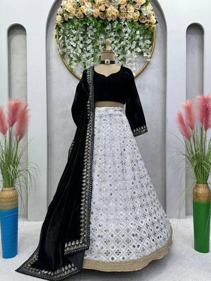 White Black Party Wear Bridesmaid Lehenga with Velvet Choli and Dupatta (Best Seller)