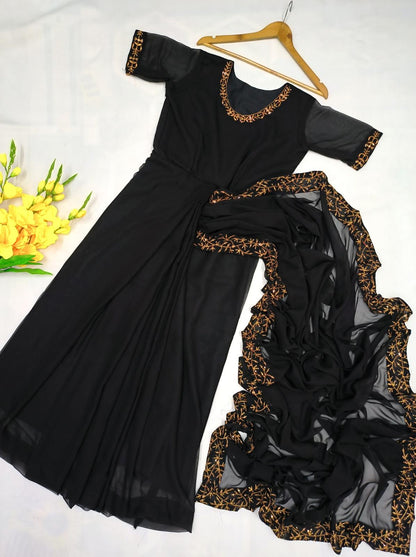 Black Super Hit Georgette Embroidery Gown Saree