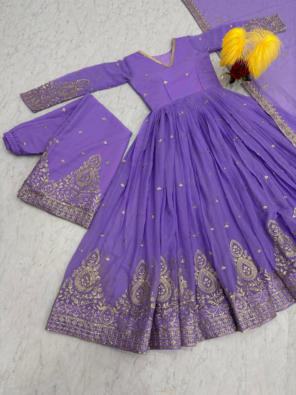 Lavendar Embroidered Georgette Gown with Palazzo and Dupatta Set