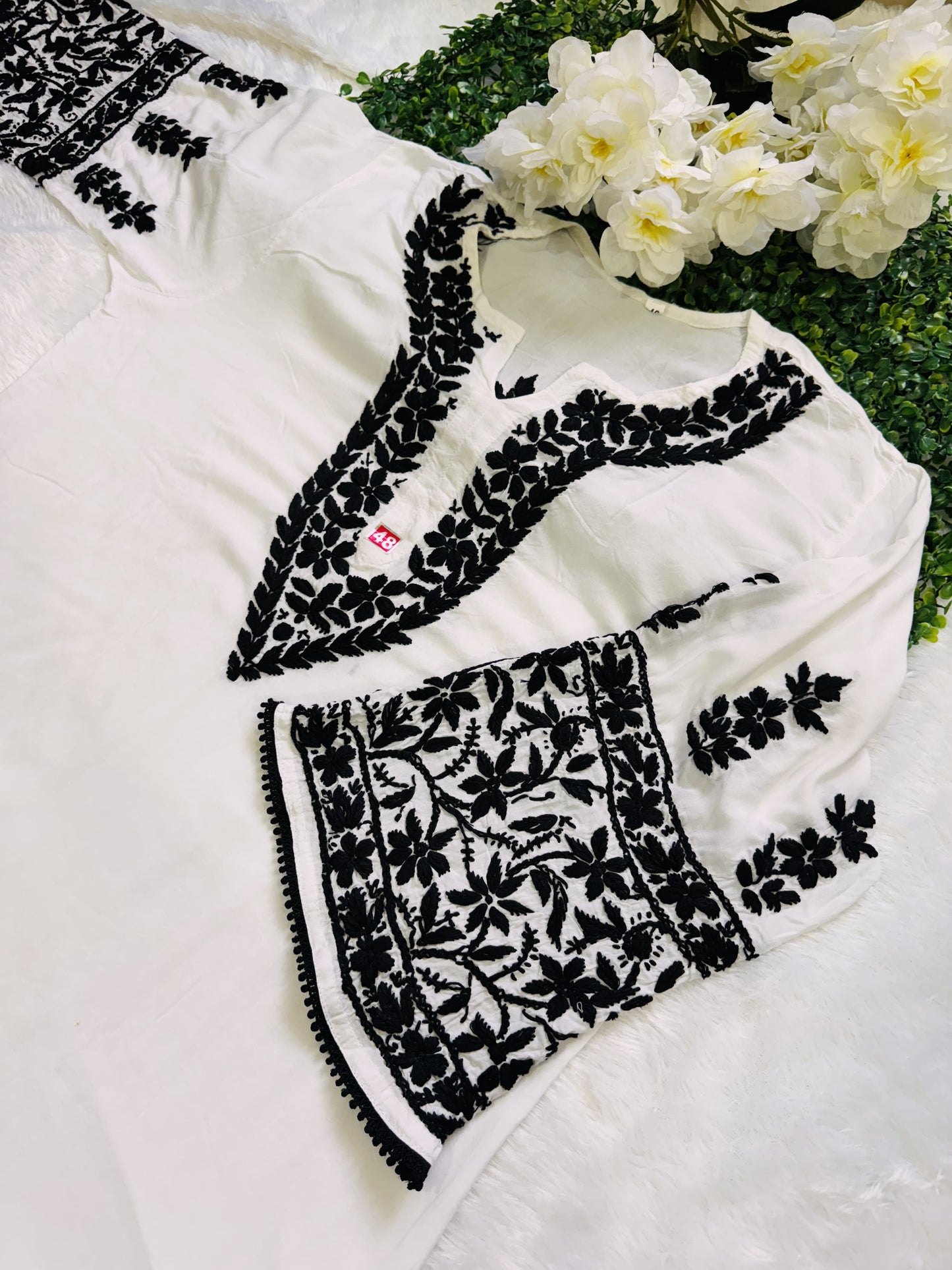 White and Black Beautiful Modal Bangle Sleeve Lucknow Chikankari Dhoti Set