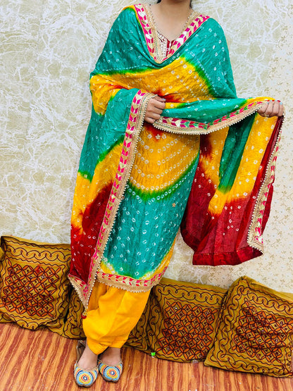 Green Multicolor Silk Bandhani Salwar Kameez with Dupatta