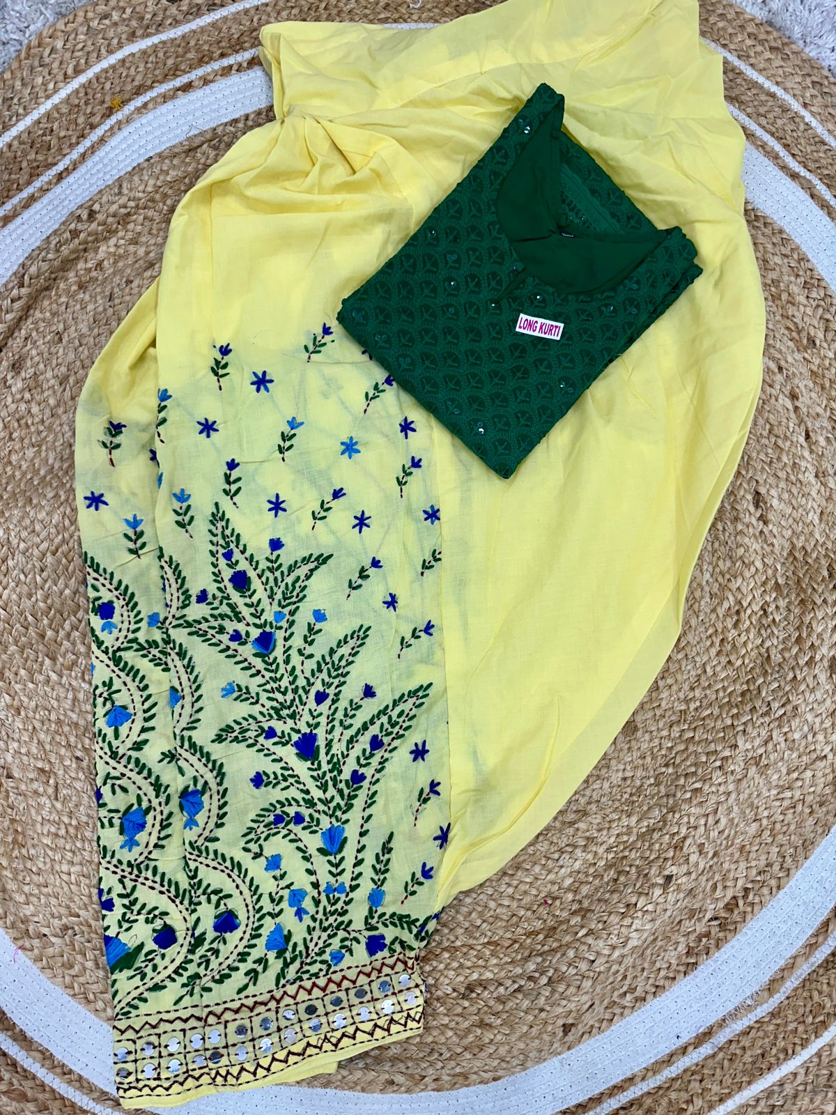 Light Yellow and Green Beautiful Chikankari Sequins Kurti and Patiala Salwar Set