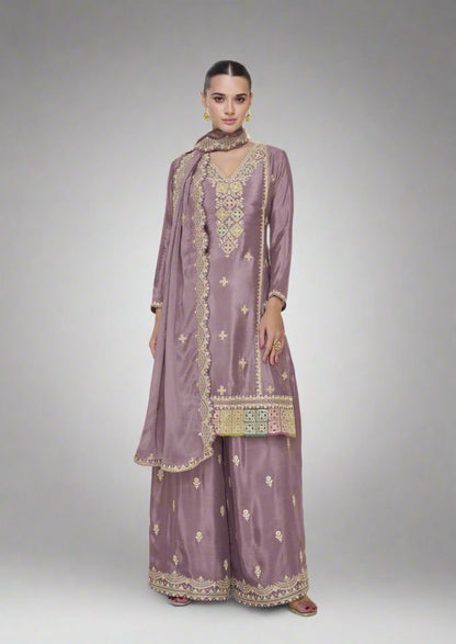 Lavendar Premium Chinnon Silk Party Wear Kurta Palazzo Dupatta Set