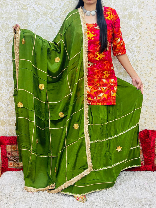 Green Authentic Phulkari Party Wear Lehenga Set