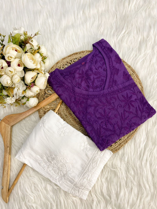 Purple Angarkha Style Malmal Kurti with Lucknow Chikankari & Modal Plazo Set