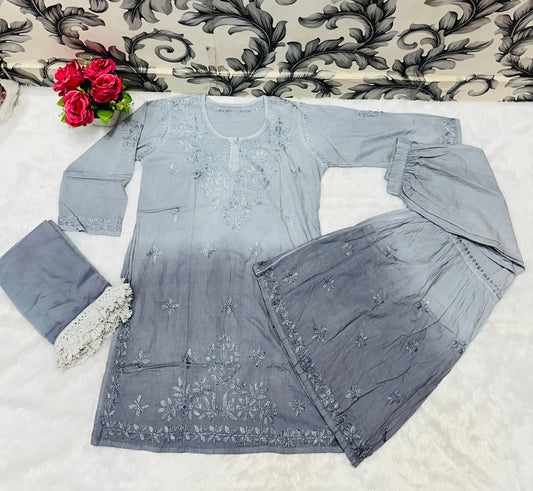 Grey Beautiful Lucknow Chikankari Work Ombre Dye Short Kurti, Garara & Dupatta Sets