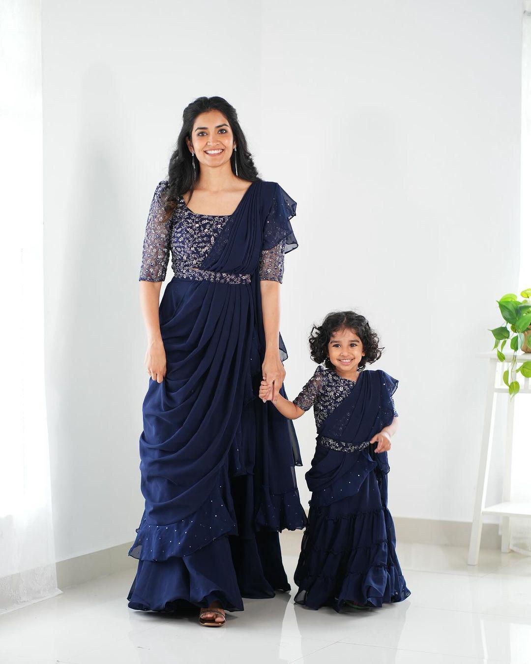 Mother-Daughter Designer Party Wear Lehenga Saree Combo in Navy and Wine